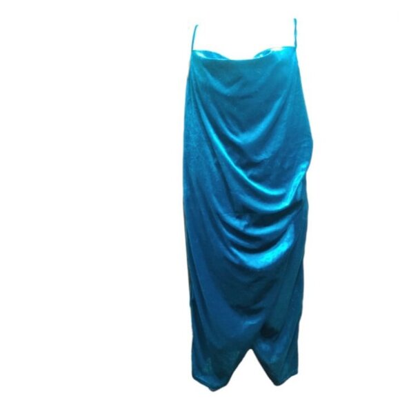 BloomChic 20 Plus Size Teal Blue Velvet Cowl Neck Glam Midi Dress Ruched Hem NWT - Picture 1 of 12